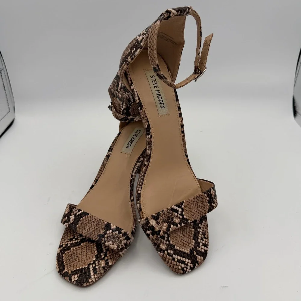Steve Madden Maris Sandals Women 9.5 Good‎ Brown Snakeskin Print Block Heel